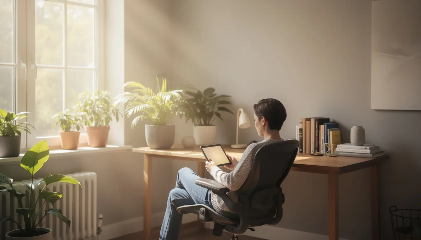 A person is peacefully reading on a tablet in a cozy home office filled with plants and bathed in natural light, reflecting a serene atmosphere amidst the technological advancements of AI systems in everyday life. This setting highlights the balance between human work and the emerging role of artificial intelligence in our routines.