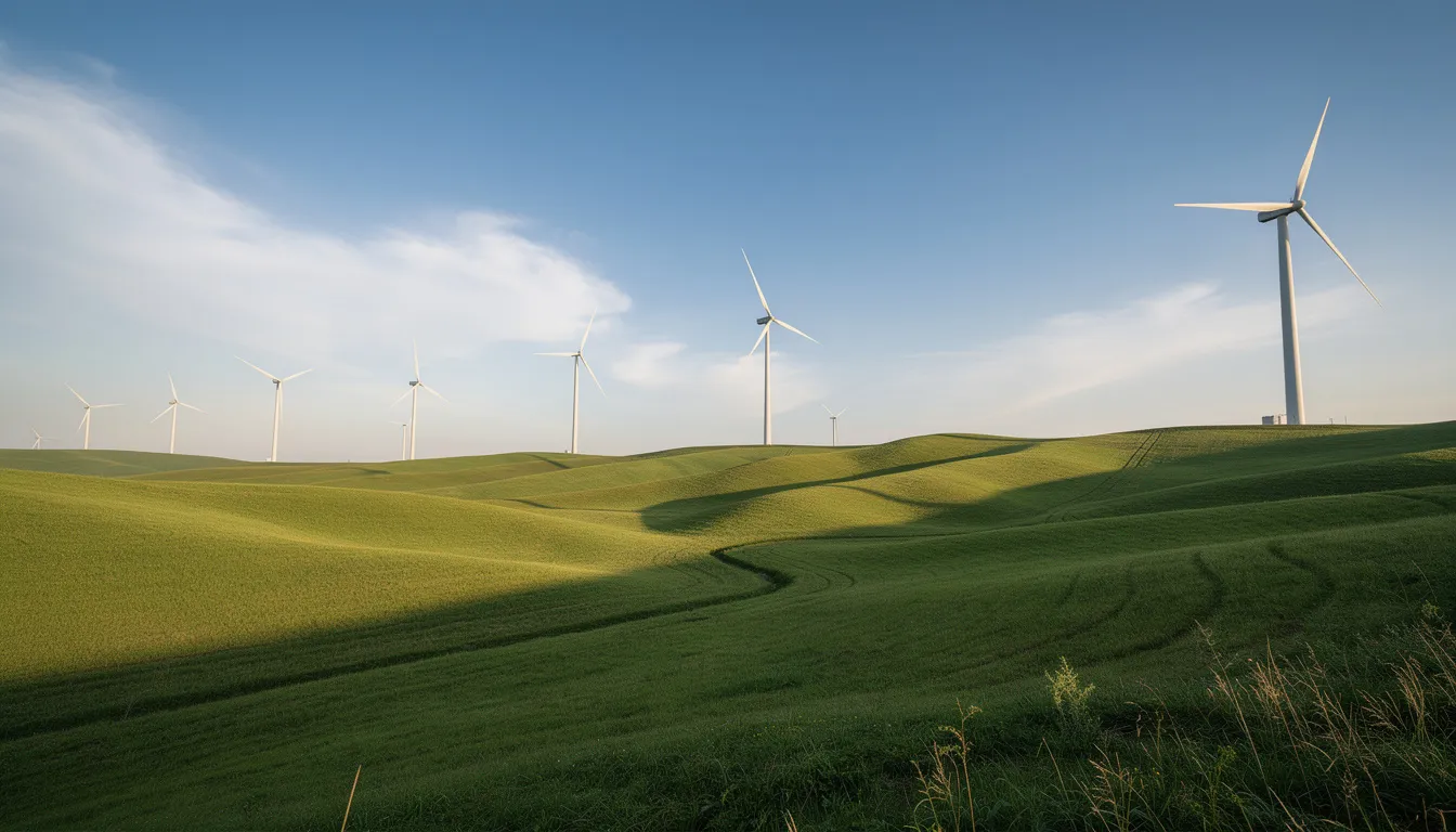 The image depicts a landscape of rolling green hills dotted with white wind turbines under a clear blue sky, symbolizing the rise of renewable energy and the future jobs created in the field of technological development and sustainability. This scene highlights the importance of emerging technologies in shaping a greener world and the key skills needed for the workforce of tomorrow.