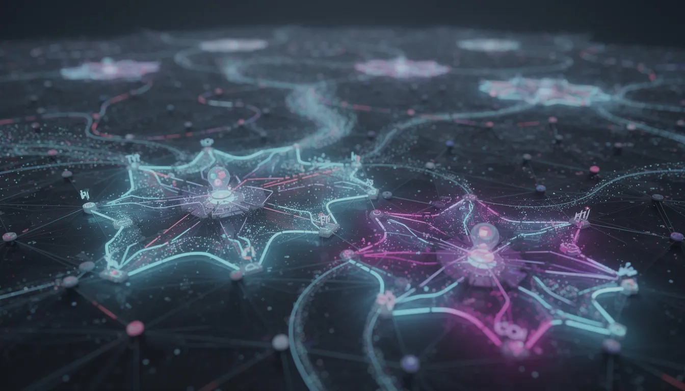 The image depicts an abstract network of interconnected nodes, symbolizing multiple AI agents collaborating seamlessly on a task, reflecting the vibrant and thriving AI community. Each node represents a unique AI character, showcasing the endless possibilities for personalized AI assistants and rich character development in an interactive entertainment environment.