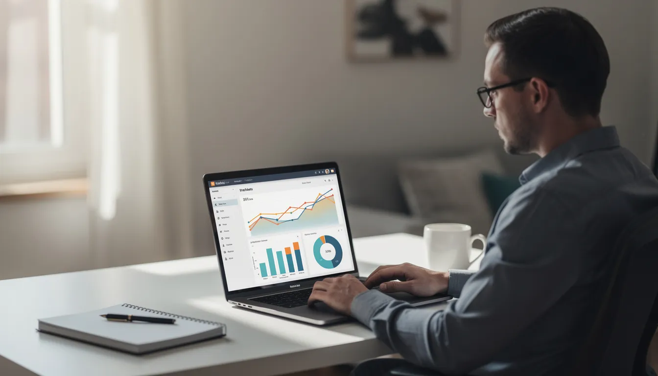 A professional is working remotely on a laptop, with data visualizations displayed on the screen, showcasing insights from data analysis and machine learning models. The setting reflects a modern workspace that emphasizes the importance of technical skills in fields like artificial intelligence and data science.