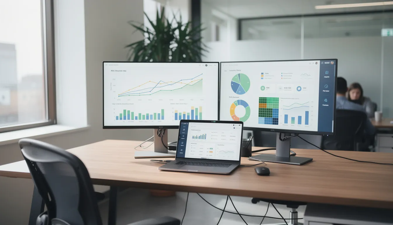 The image depicts a modern office workspace featuring multiple computer screens displaying vibrant data visualizations and charts, illustrating the power of artificial intelligence and machine learning in data analysis. This setup reflects how AI technologies can enhance operational efficiency and optimize business operations by analyzing vast quantities of data.