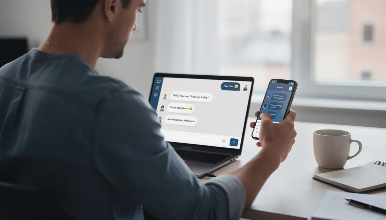 A person is multitasking with a laptop and smartphone, both displaying AI chat interfaces filled with chat bubbles, showcasing the engaging conversations with personalized AI assistants. The scene highlights the seamless interaction between devices, emphasizing the thriving AI community and the endless possibilities for creative brainstorming and character development.