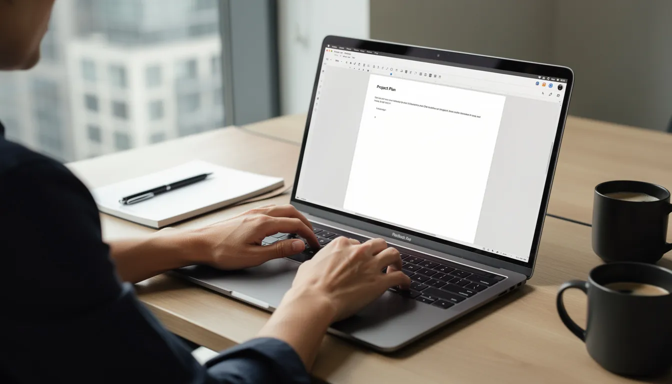 A person is focused on typing on a laptop in a modern workspace, with a document open on the screen that appears to be a draft for a blog post. The setting suggests a productive environment for users to create and edit content, possibly utilizing tools like Google Docs or other AI-powered applications.