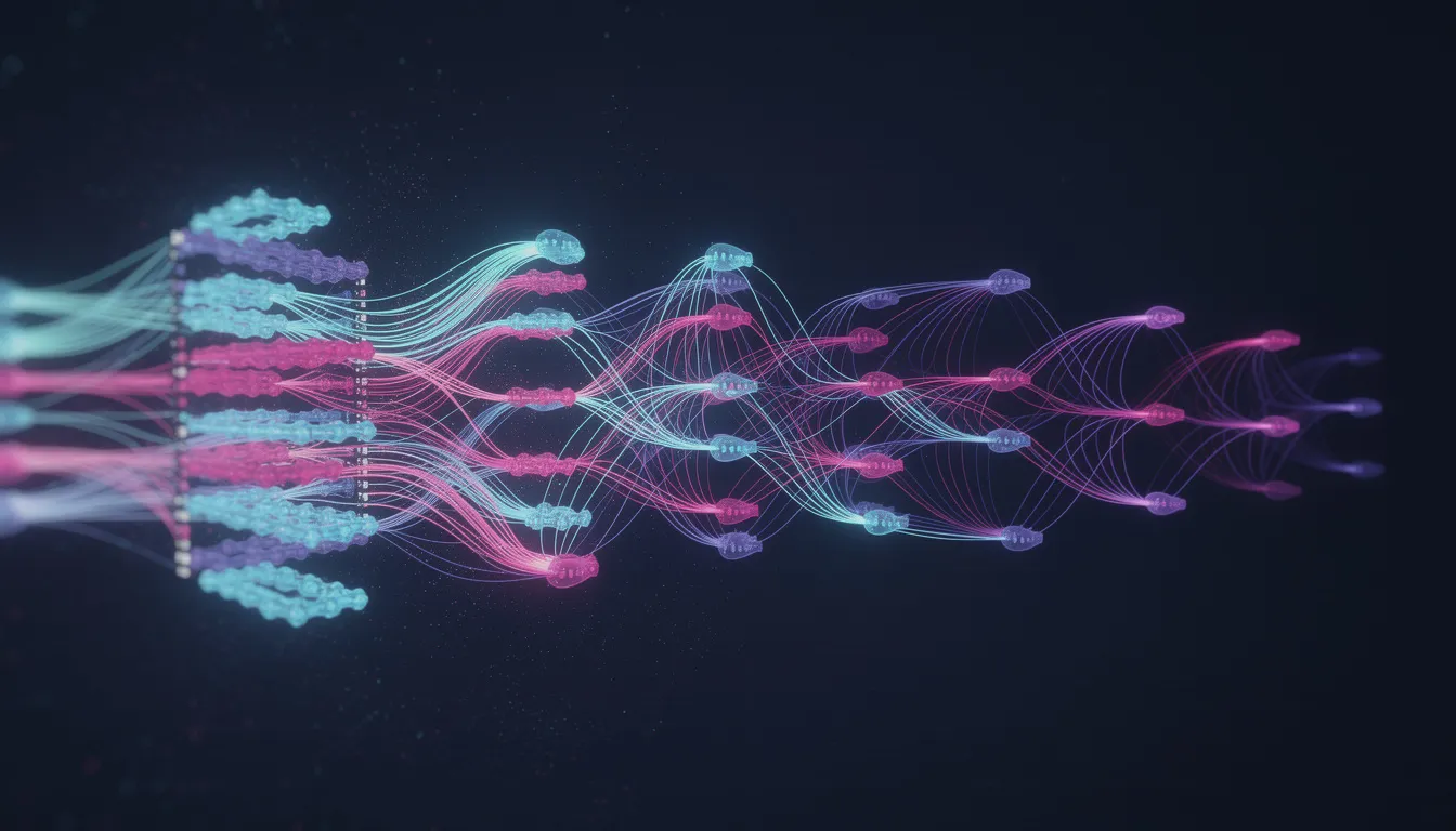 The image depicts an abstract visualization of a neural network, showcasing interconnected nodes and layers that represent the complex architecture of artificial intelligence. This illustration highlights the core concepts of deep learning and machine learning, emphasizing the intricate relationships within data science and AI technologies.