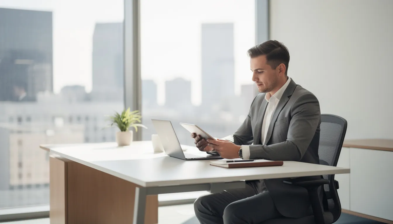 A professional sits calmly in a modern office, reading on a tablet as natural light fills the space. The setting reflects a focus on technology policy and responsible AI, highlighting the importance of data privacy and effective systems in today's work environment.
