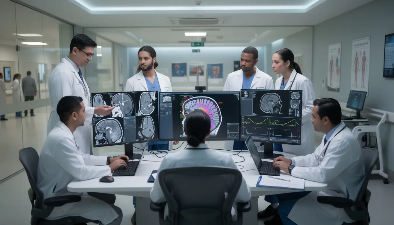 In a modern hospital setting, healthcare professionals are intently reviewing medical imaging data displayed on computer screens, showcasing the integration of advanced technology and artificial intelligence in routine tasks. This scene highlights the role of AI systems and machine learning in enhancing medical diagnostics and the future of healthcare.