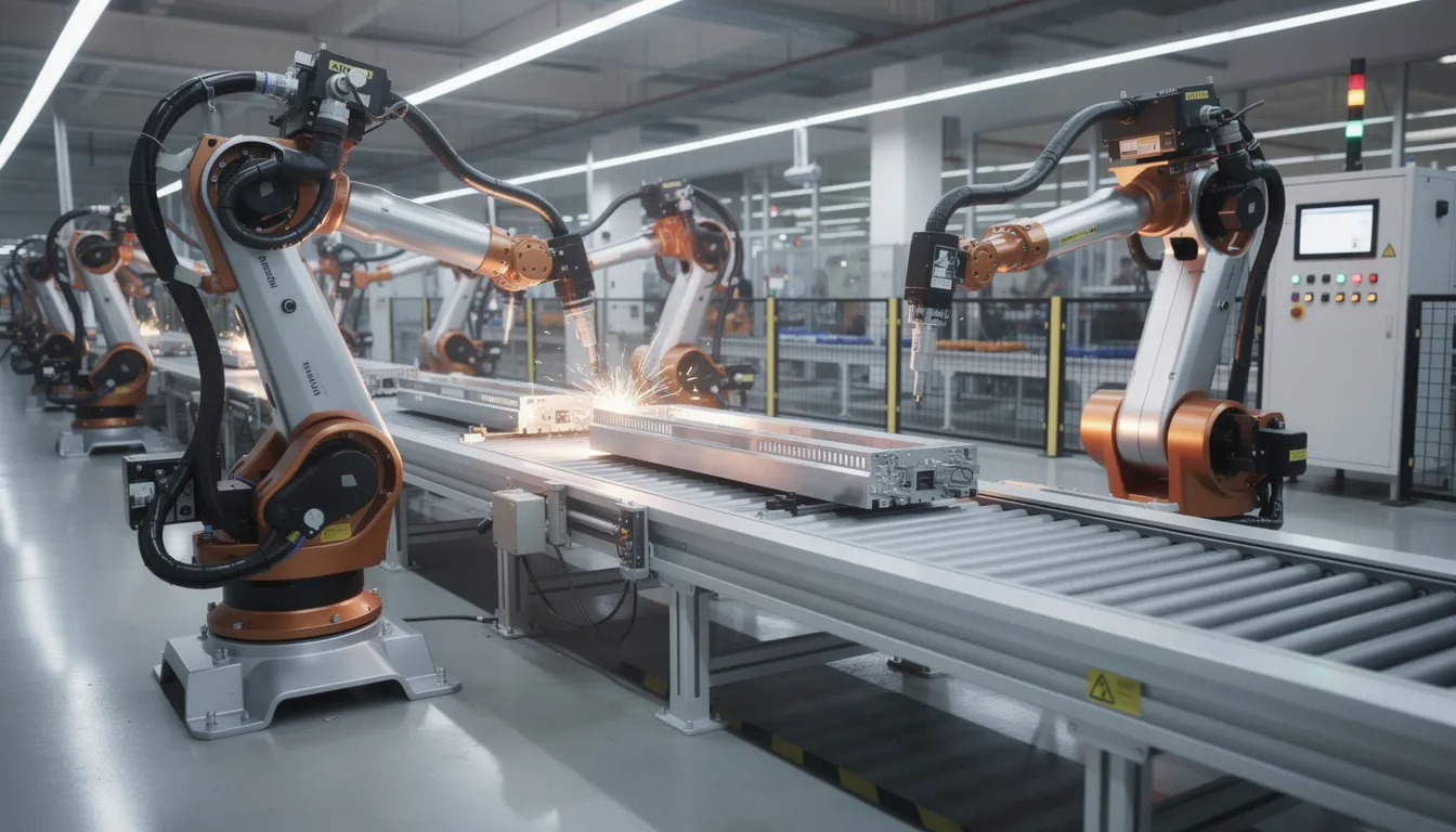 The image depicts robotic arms efficiently assembling products on a modern factory assembly line, showcasing the integration of artificial intelligence and machine learning in manufacturing processes. This scene illustrates the application of AI technologies in real-world scenarios, emphasizing the role of automation in transforming organizational functions.