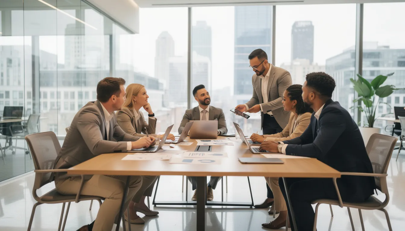 A diverse group of professionals, including financial managers and health services managers, are engaged in a collaborative discussion in a modern office setting, focusing on work projects related to health care administration and technology. Their conversation highlights the importance of skills in computer science and artificial intelligence as they navigate the evolving job market and labor statistics.