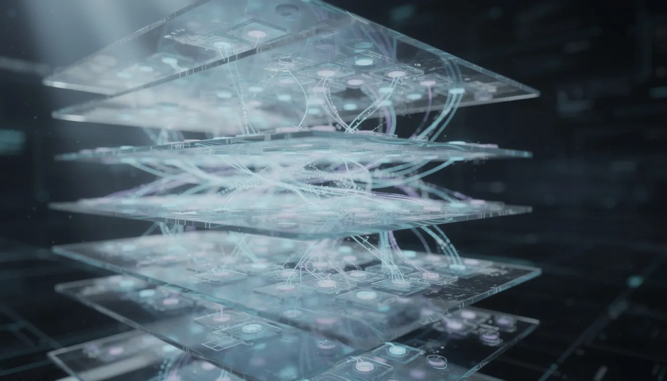 The image depicts stacked translucent layers symbolizing a deep neural network architecture, with glowing connections illustrating the flow of information in machine learning systems. This visualization represents the complexity of artificial neural networks and their ability to discover hidden patterns in training data.