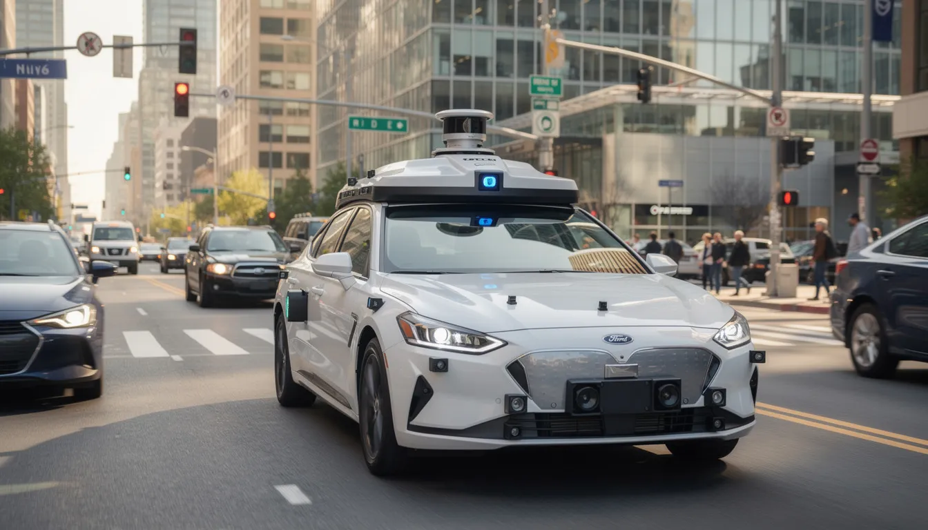 An autonomous vehicle equipped with visible sensors is navigating a busy city street, showcasing the integration of advanced AI technologies and computer vision. This scene highlights the real-world applications of AI systems in transportation, emphasizing the vehicle's ability to analyze data and perform complex tasks.
