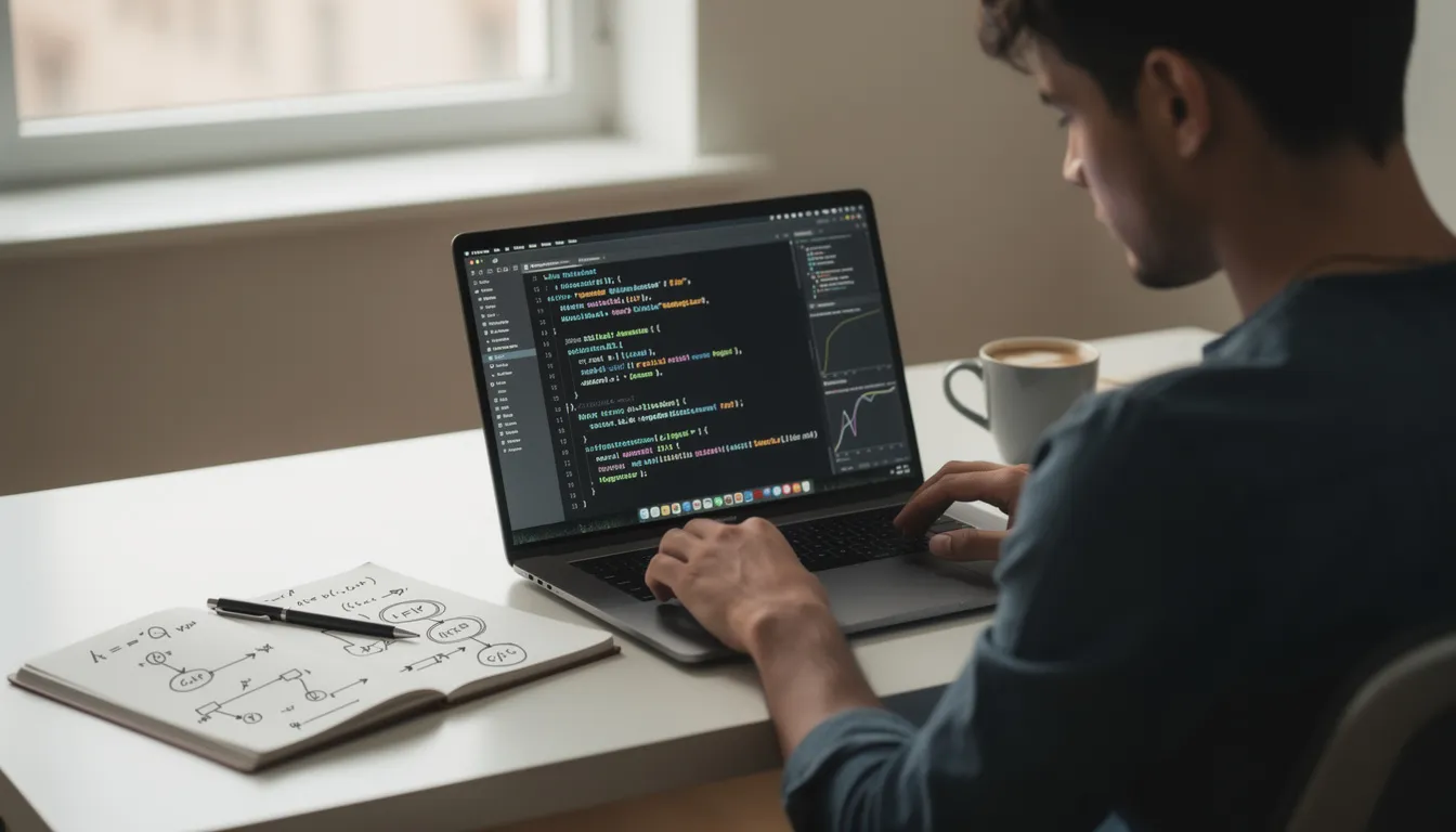 A person is focused on studying artificial intelligence concepts on their laptop, with lines of code related to machine learning and data analysis visible on the screen. This scene illustrates the pursuit of AI skills and knowledge through practical applications and hands-on projects in the field of computer science.
