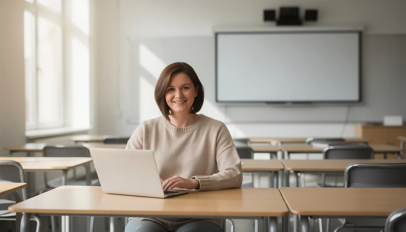 A teacher sits at a modern classroom desk, focused on a laptop, surrounded by natural lighting. This setting reflects the integration of technology in education, where educators utilize generative AI tools and resources to enhance lesson plans and student engagement.