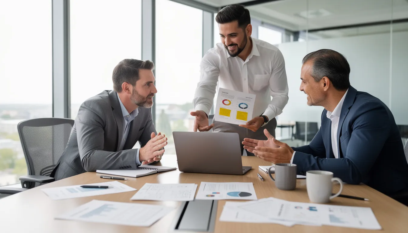 A diverse team collaborates around a laptop, reviewing documents and discussing strategies for enhancing customer interactions through advanced AI chatbots. They focus on improving customer experience by utilizing machine learning and natural language processing to provide quick and accurate responses to complex queries.