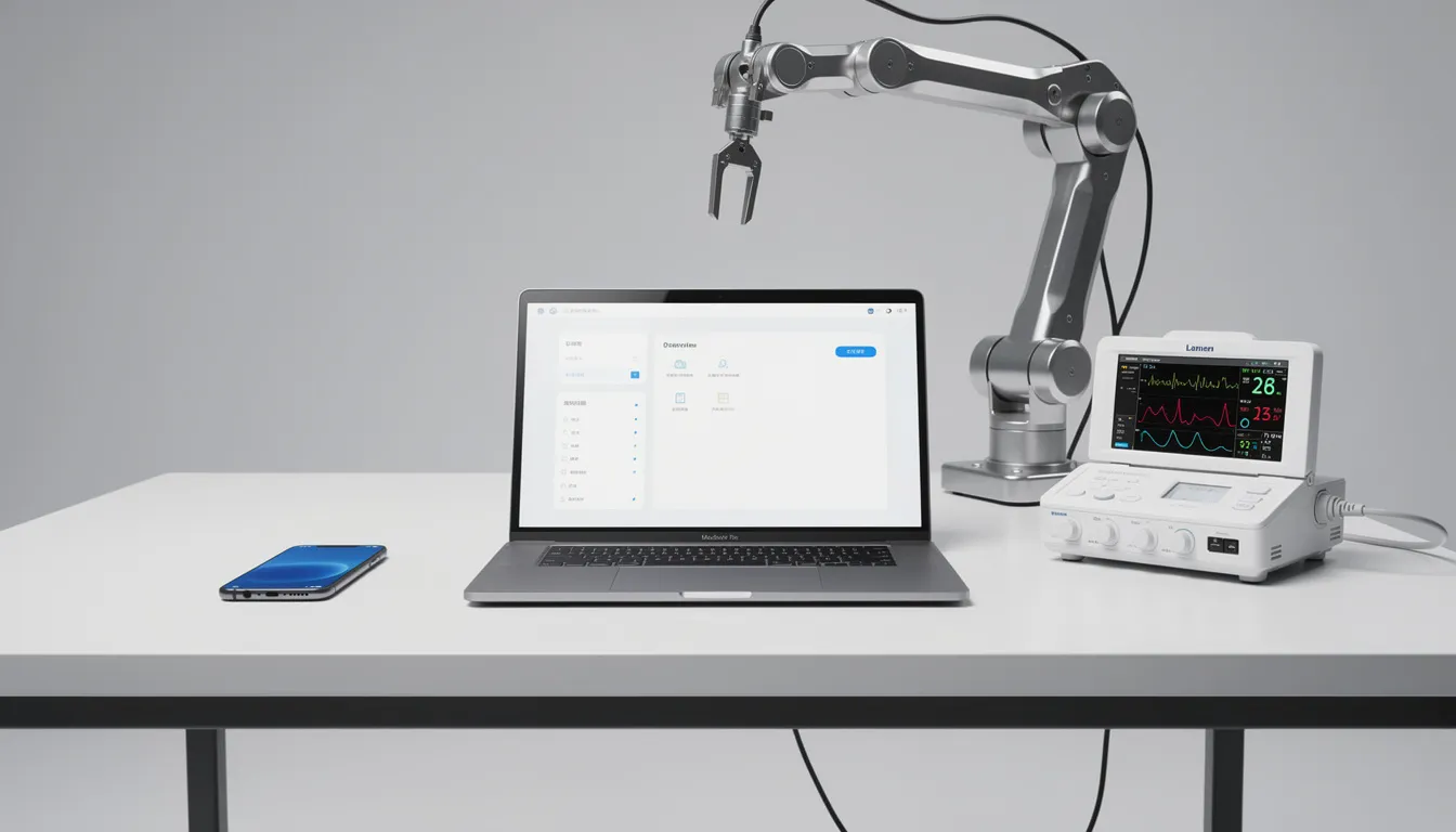 The image features a diverse array of technology devices, including a smartphone, laptop, medical equipment, and a robotic arm, all arranged on a table, highlighting the ethical implications and challenges of emerging technologies in today's society. This composition reflects the intersection of technological innovation and ethical considerations, emphasizing the importance of responsible use in our daily lives.