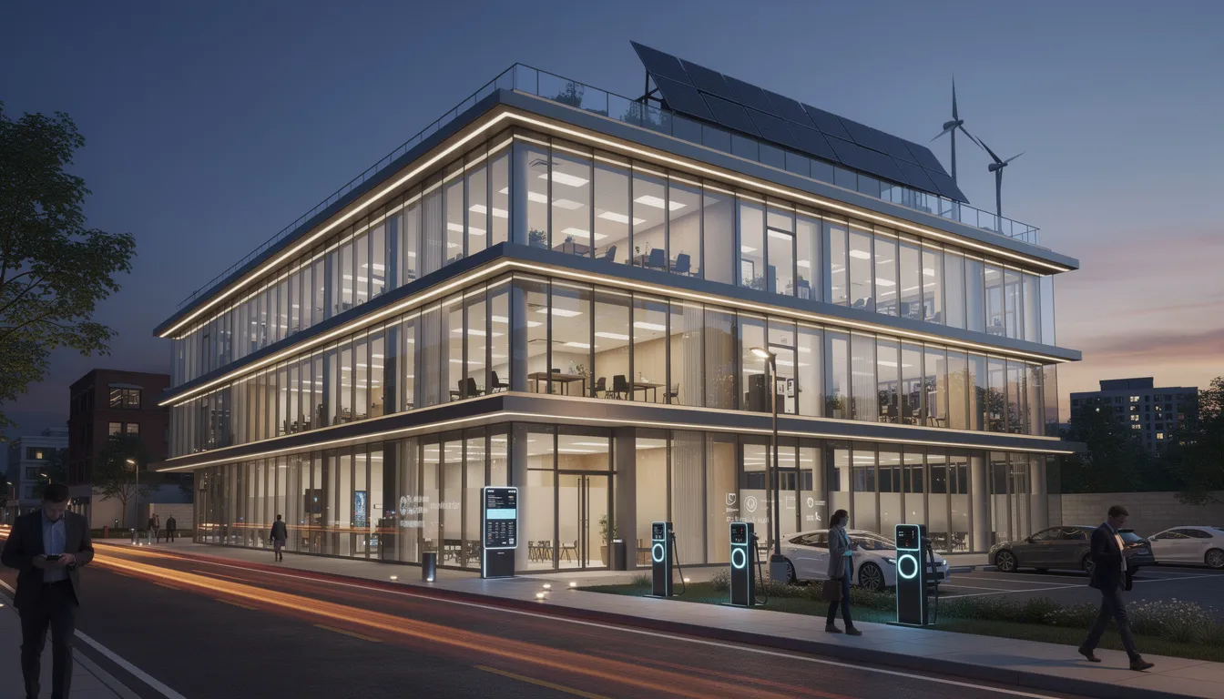 The image depicts a modern commercial building illuminated by energy-efficient lighting at dusk, showcasing advanced smart technology integration. This innovative design highlights the potential for AI-driven solutions in the business sector, emphasizing the importance of data analytics for informed decision-making and market research.