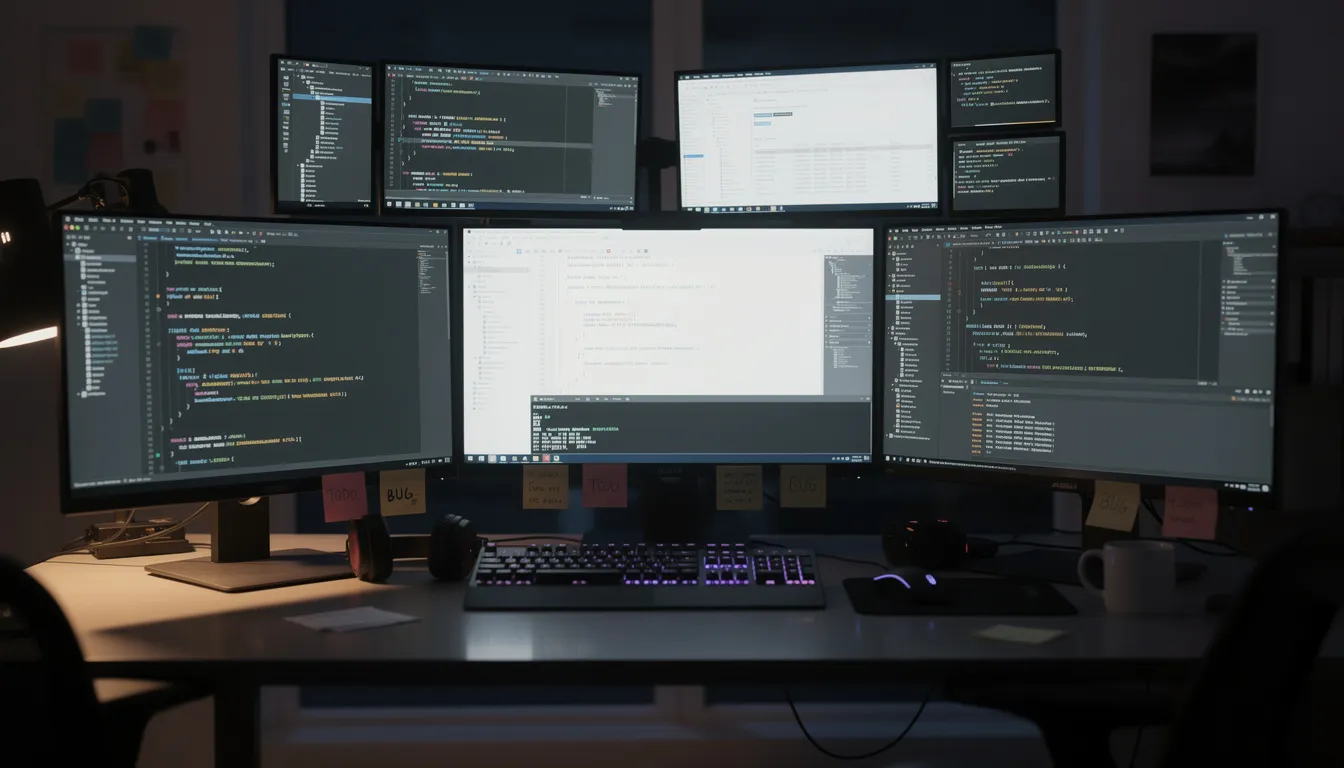 The image features multiple computer screens displaying various integrated development environments (IDEs) with active code editors, showcasing different programming languages and code snippets. This setup highlights the use of AI coding tools for code generation, refactoring, and optimization, enhancing the development process for programmers.