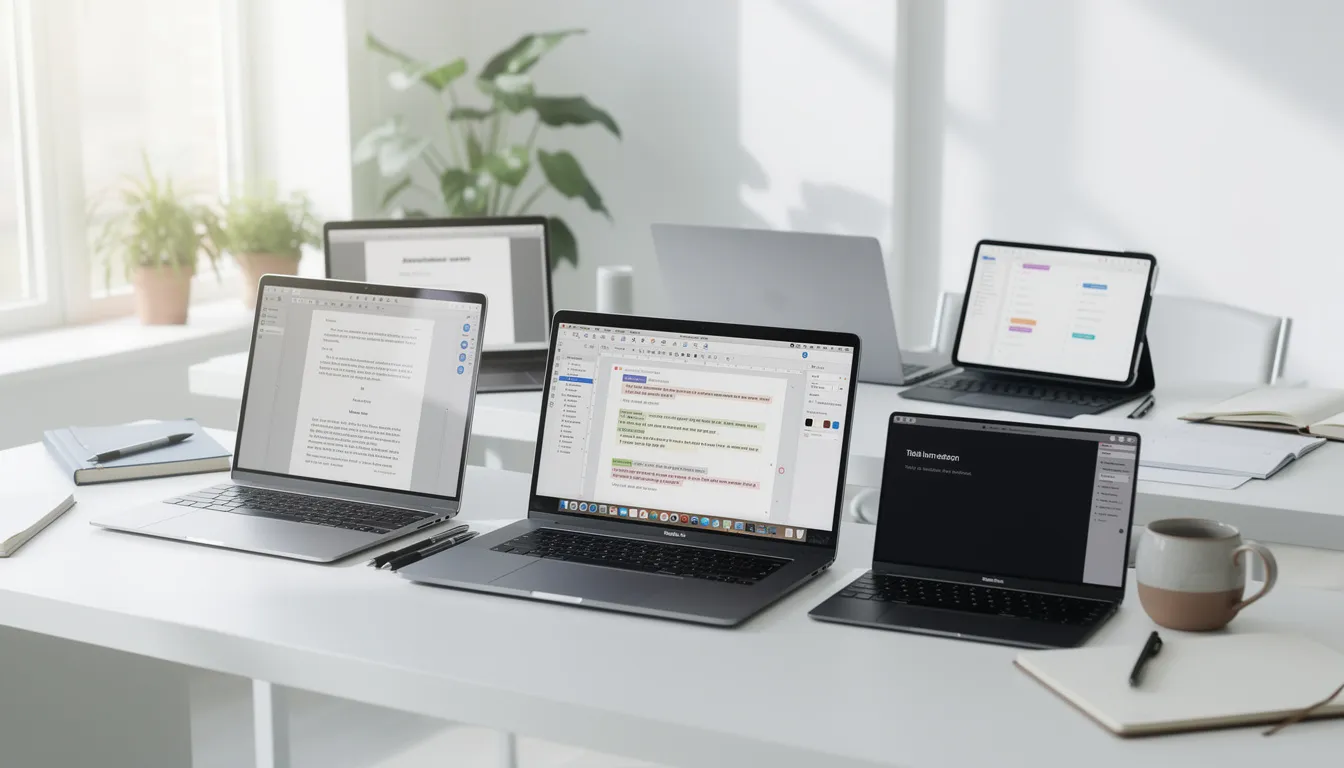 The image shows multiple laptop screens in a bright workspace, each displaying various writing and editing software interfaces, including tools for AI writing assistance and grammar checking. This setup highlights the writing process and the use of advanced AI tools to enhance creativity and overcome writer's block.