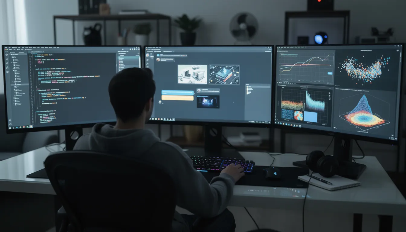 A person is seated at a desk surrounded by multiple monitors displaying various AI applications, including data visualizations and generative AI tools. This setup reflects a deep engagement with artificial intelligence concepts, showcasing the learning journey in AI skills and data science.