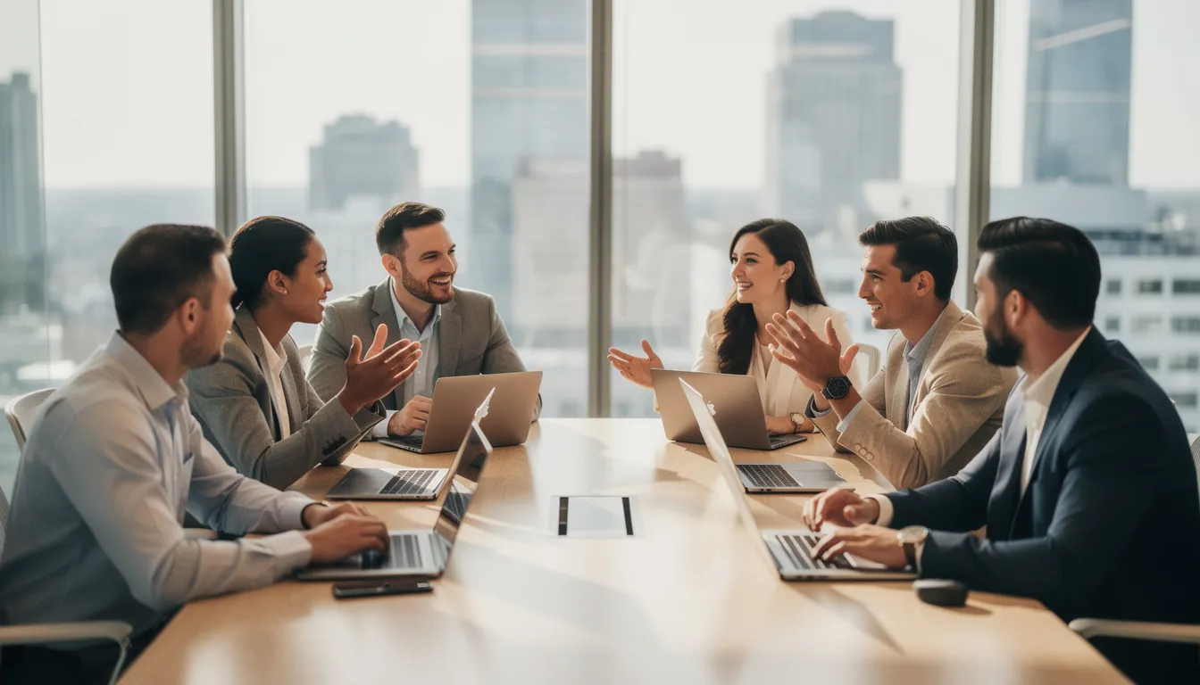 The image depicts a group of professionals engaged in a collaborative meeting around a table, each using laptops to discuss various aspects of artificial intelligence, including responsible AI practices and ethical considerations. The atmosphere is focused and dynamic, highlighting teamwork and the importance of informed decision-making in AI development.