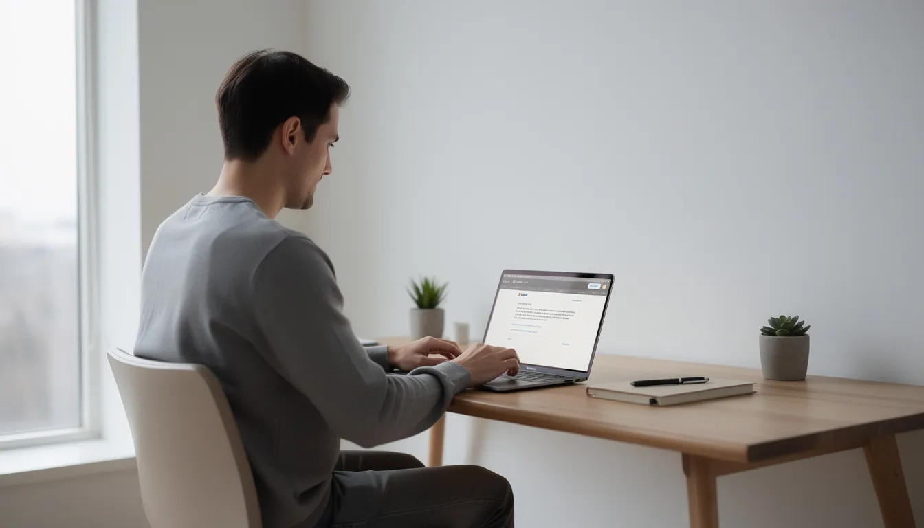 A person is sitting at a clean, minimalist workspace, reading an email on their laptop, surrounded by a calm atmosphere that suggests focus and productivity. The scene captures the essence of a weekday morning, perfect for catching up on important stories and expert advice from a weekly newsletter.