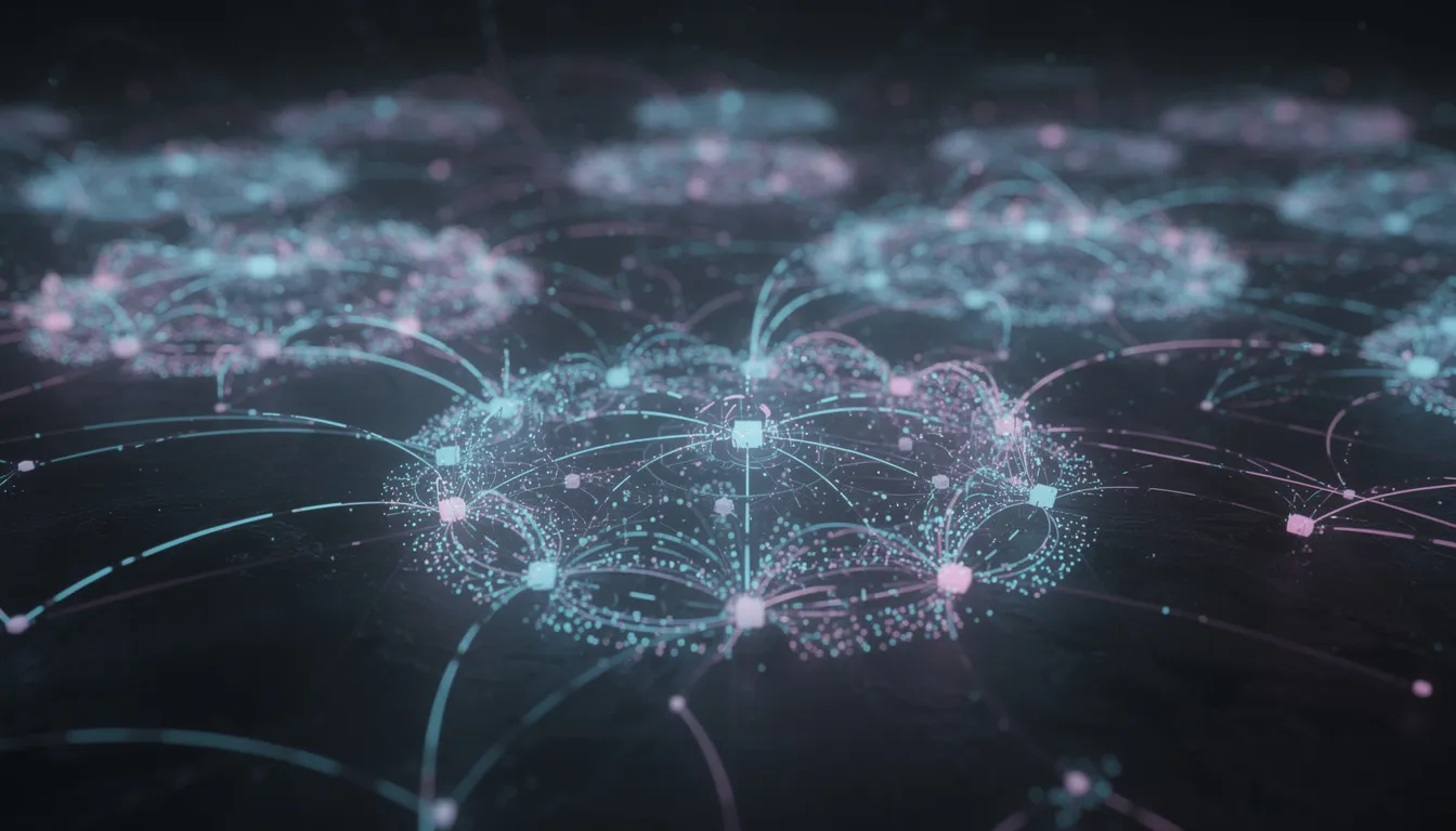 An abstract visualization showcases interconnected glowing nodes that symbolize a network of intelligent systems, reflecting concepts from machine learning and artificial intelligence. This representation highlights the intricate relationships and functionalities of neural networks, mimicking human intelligence and enhancing data analysis capabilities.