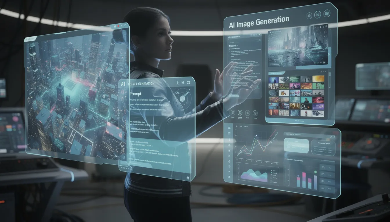A person stands in front of a futuristic holographic display, interacting with generated images and text that showcase concepts from artificial intelligence programming and machine learning. The display highlights the potential of generative AI and deep learning, illustrating foundational concepts and advanced techniques in a visually engaging manner.