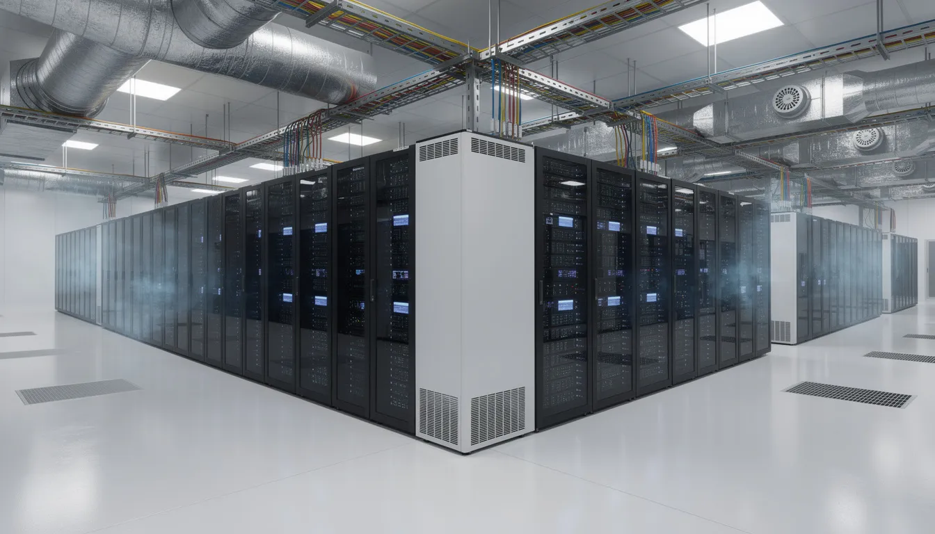 The image depicts a modern data center filled with rows of sleek servers and advanced cooling systems, showcasing the backbone of artificial intelligence and machine learning technologies. This environment is essential for data science and deep learning research, highlighting the intersection of computer science and modern technology.