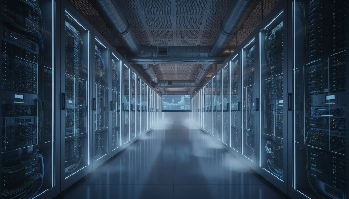 The image depicts a modern data center facility illuminated at night, showcasing cooling infrastructure and server racks adorned with blue LED lighting. This scene highlights the critical role of data centers in supporting artificial intelligence and computing power while addressing energy efficiency and sustainability concerns in the tech industry.