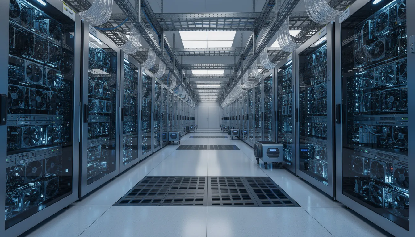 The image depicts a modern data center interior filled with rows of GPU servers, essential for training deep learning models and processing large datasets, illuminated by blue LED lighting. Cooling systems are strategically placed to maintain optimal conditions for the computational power required by deep learning algorithms and artificial intelligence applications.