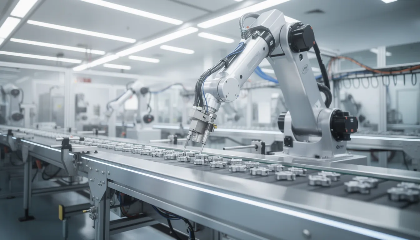 The image depicts a robotic arm efficiently assembling products on a modern factory assembly line, showcasing the integration of AI technology in manufacturing. This highlights the role of artificial intelligence companies in enhancing productivity and reducing errors through automated systems.