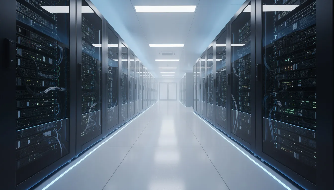 The image depicts a modern data center featuring rows of server racks illuminated by blue lighting, symbolizing the advanced infrastructure utilized by artificial intelligence companies to deploy AI solutions and enhance data analytics. This high-tech environment reflects the future of digital transformation and AI adoption in various industries.