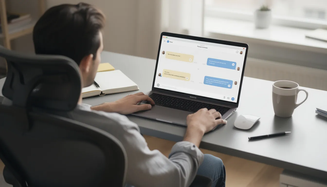 A person is sitting at a desk, focused on a laptop screen displaying a chat interface filled with message bubbles, illustrating a conversation with an AI chatbot. The scene highlights the interaction between human input and the AI model, showcasing how users engage with conversational responses in real time.