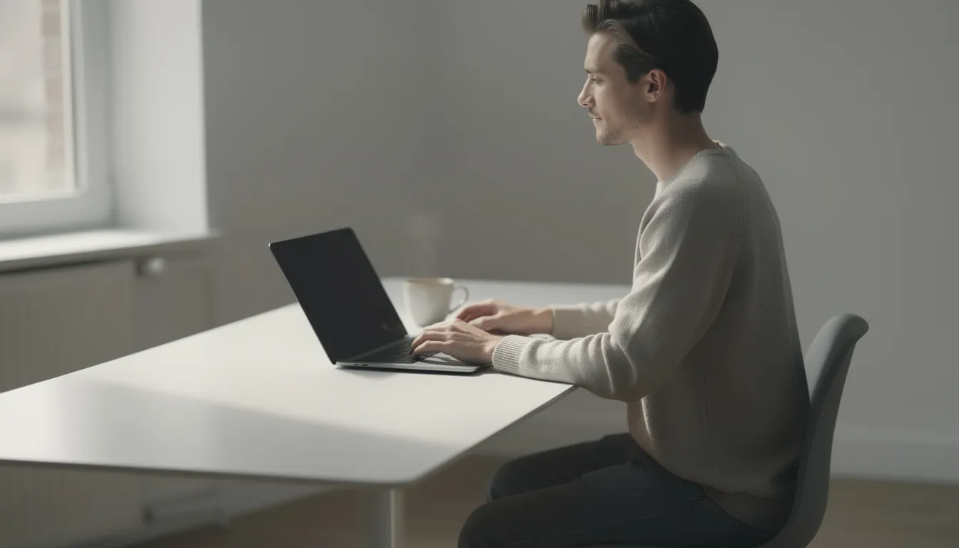 A calm person sits at a minimal desk, focused on a laptop while enjoying a cup of coffee, embodying a serene workspace ideal for using AI tools and virtual assistants to manage routine tasks and complex workflows. The simplicity of the environment suggests an uninterrupted focus time, perfect for leveraging smart devices and project management tools.