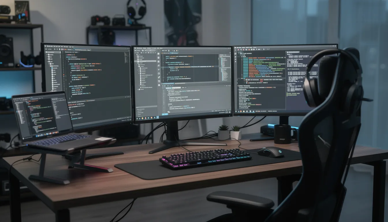 A developer's workspace features multiple monitors displaying lines of code and terminal windows, creating an environment ideal for studying AI and working on complex topics. The setup likely includes various study tools tailored for efficient learning, such as lecture slides and video lectures, enhancing the coding experience.
