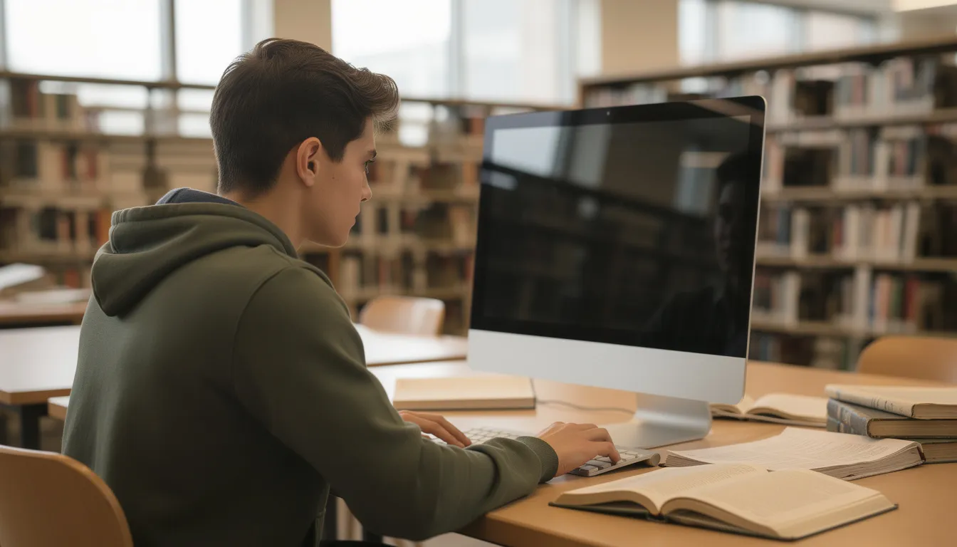 A student is thoughtfully focused on a computer screen while seated in a library, surrounded by books and study materials, as they engage in critical thinking and research for their assignments. This setting highlights the importance of education, technology, and the use of generative AI tools in enhancing student engagement and learning.