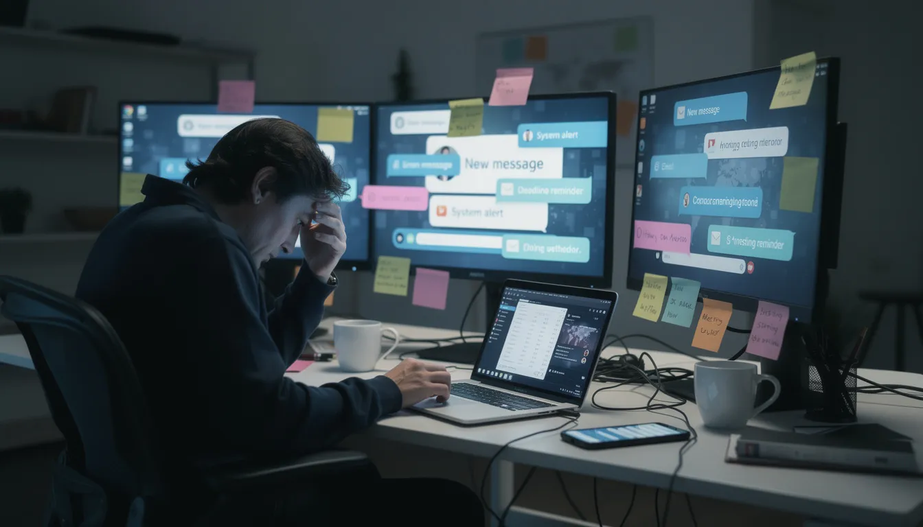 A person sits at a cluttered desk, looking overwhelmed as they face multiple screens filled with notifications and alerts related to the ever-evolving world of artificial intelligence. The scene captures the stress of managing the latest AI news and trends, highlighting the challenges faced by tech enthusiasts in today's fast-paced digital landscape.