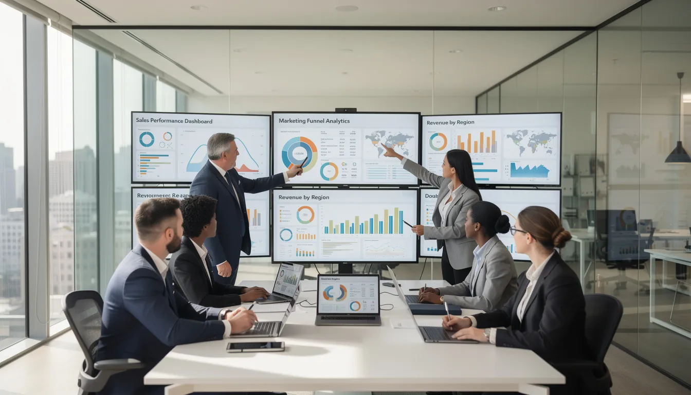 A business team is collaborating in a modern office, analyzing data dashboards displayed on multiple screens. They are engaged in discussions about customer interactions and utilizing advanced features to automate repetitive tasks and improve their strategies.