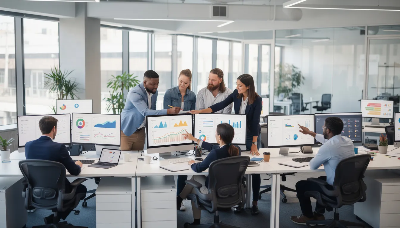 The image depicts a modern open office workspace where a diverse group of people collaborates around computer screens filled with charts and data, indicative of activities in data science and machine learning. The environment suggests a focus on teamwork and innovation, essential for roles such as data engineers and machine learning engineers.