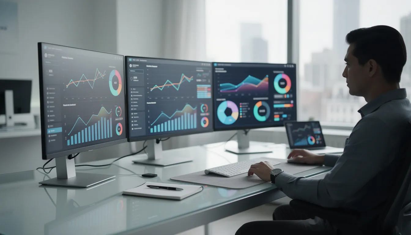 A professional sits at a modern desk surrounded by multiple monitors displaying colorful data visualizations and charts, highlighting various aspects of data analysis and predictive analytics. The setup reflects the use of AI-powered tools for extracting meaningful insights and facilitating data-driven decisions.