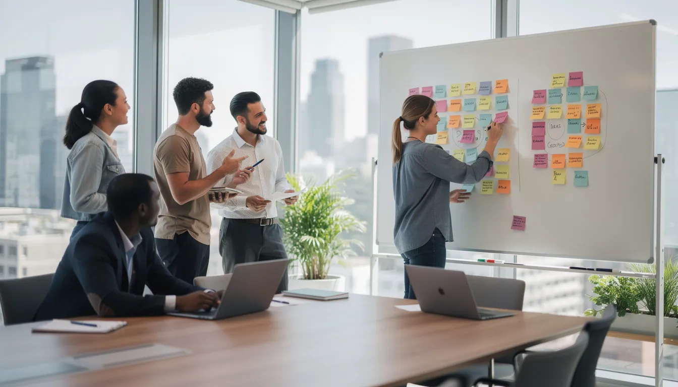 The image depicts a diverse team engaged in a brainstorming session, surrounded by colorful sticky notes on a whiteboard in a modern office space. This collaborative environment highlights the importance of leveraging AI tools and advanced data analytics to enhance business processes and improve customer satisfaction.