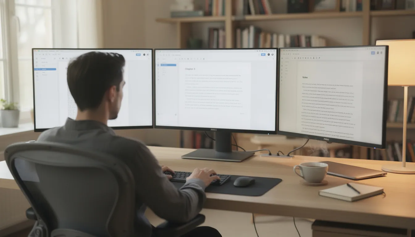 A person is seated at a modern desk, focused on their writing process, with multiple screens displaying various writing software tools like Google Docs, alongside a cup of coffee. This setup highlights the use of AI writing assistance and editing tools to enhance their content creation process, including blog posts and social media posts.
