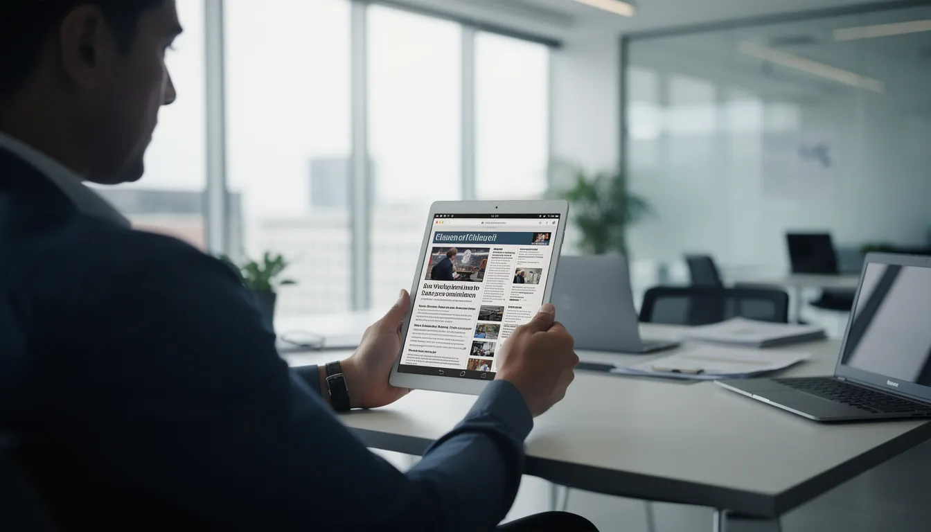 A person is seated in a modern office, intently reading news on a tablet device, surrounded by a sleek workspace that reflects a blend of technology and business strategy. This scene emphasizes the integration of artificial intelligence and data analysis in today's digital age, showcasing the importance of staying informed about advancements in AI tools and machine learning techniques.