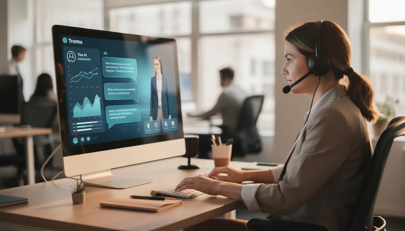 A customer service representative is engaged in assisting clients while utilizing an AI interface displayed on the screen. This collaboration highlights the integration of artificial intelligence tools in business operations, enhancing operational efficiency and decision-making through data-driven insights.