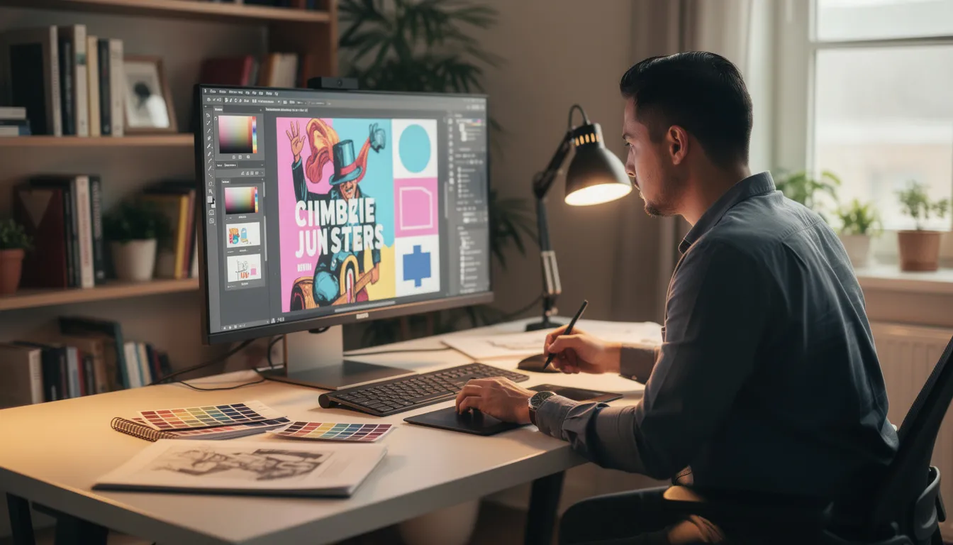 A creative professional is focused on visual design at a computer workstation, utilizing generative AI tools to enhance the content creation process. The workspace is equipped with multiple screens displaying vibrant designs, illustrating the integration of artificial intelligence in producing high-quality output for various digital marketing strategies.