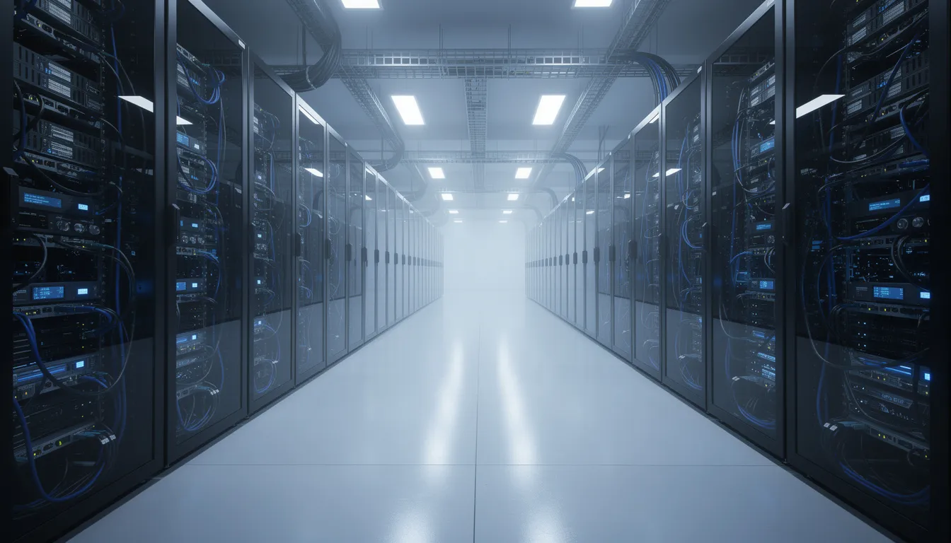 The image depicts a modern server room filled with rows of advanced computing hardware, illuminated by blue LED lighting, showcasing a hub of cloud computing technology and artificial intelligence capabilities. This environment is designed for processing data and managing AI workloads, emphasizing the importance of cloud infrastructure in today's digital landscape.