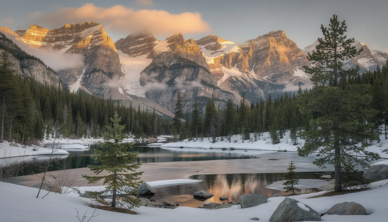 The image depicts a photorealistic mountain landscape featuring three jagged mountain peaks covered in snow, surrounded by a lush evergreen forest. The scene is bathed in soft light, creating sharp shadows beneath the towering mountains, inviting viewers to explore this infinitely diverse world.