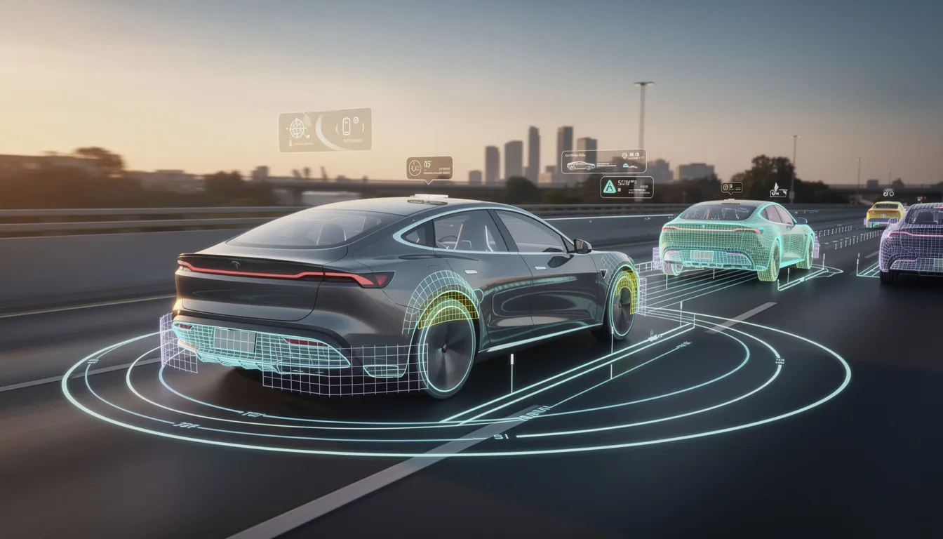 The image depicts a sleek modern electric vehicle cruising along a highway, enhanced by visual overlays that illustrate its sensor data, showcasing the integration of artificial intelligence in autonomous vehicles. This scene reflects the advancements in machine learning and computer vision, highlighting the evolution of intelligent systems in today's transportation.