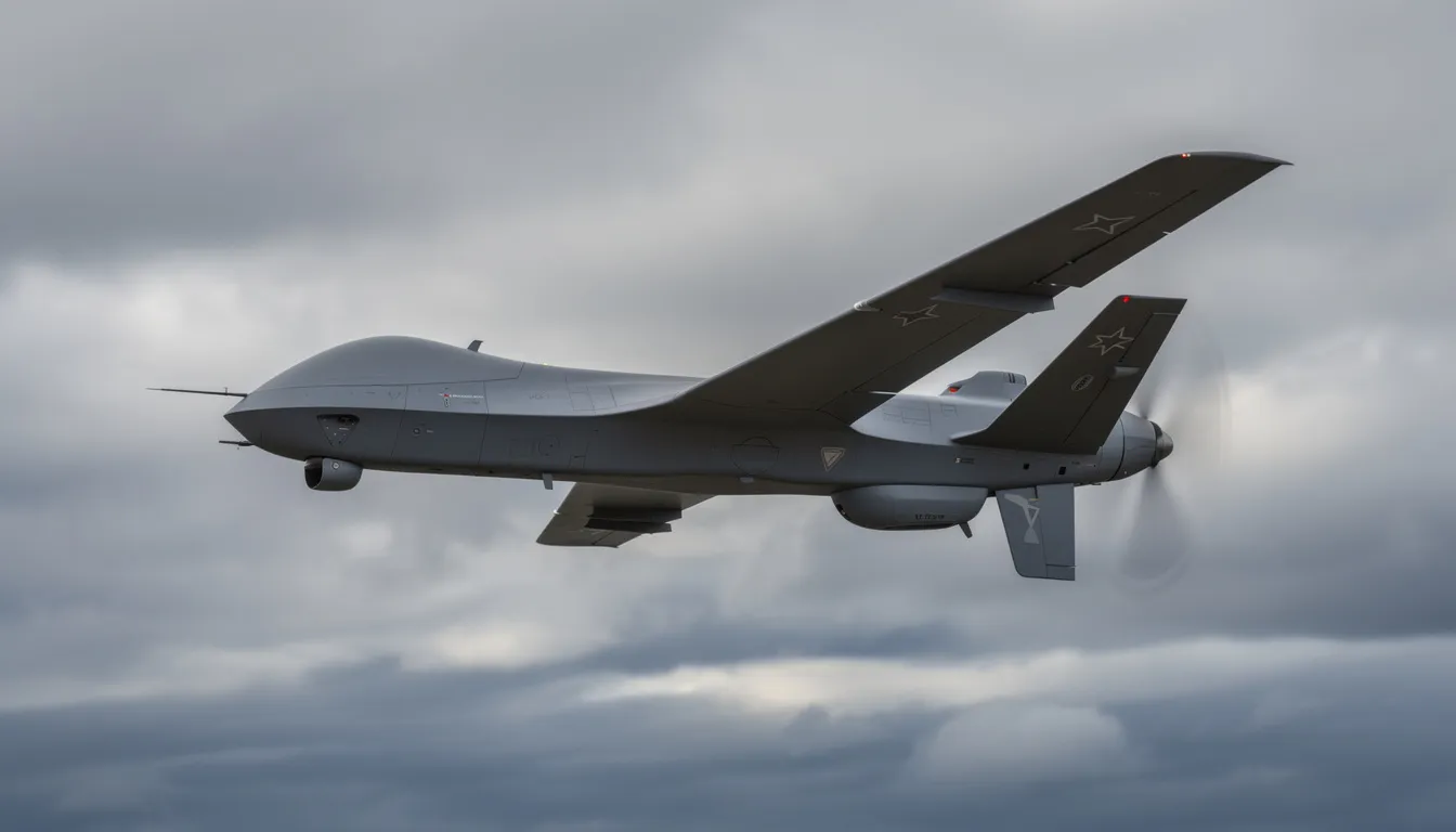 The image depicts a military drone soaring through a cloudy sky, highlighting the advancements in artificial intelligence technology and its implications for human control and safety concerns. This scene reflects the ongoing discussions about the potential dangers and ethical issues surrounding AI systems in military applications.