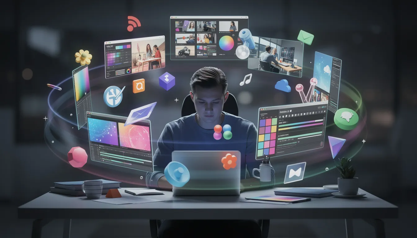 A person is focused on a laptop, surrounded by floating digital creative elements that represent the intersection of human creativity and artificial intelligence. This scene illustrates the innovative potential of AI-generated content and tools in the creative process.
