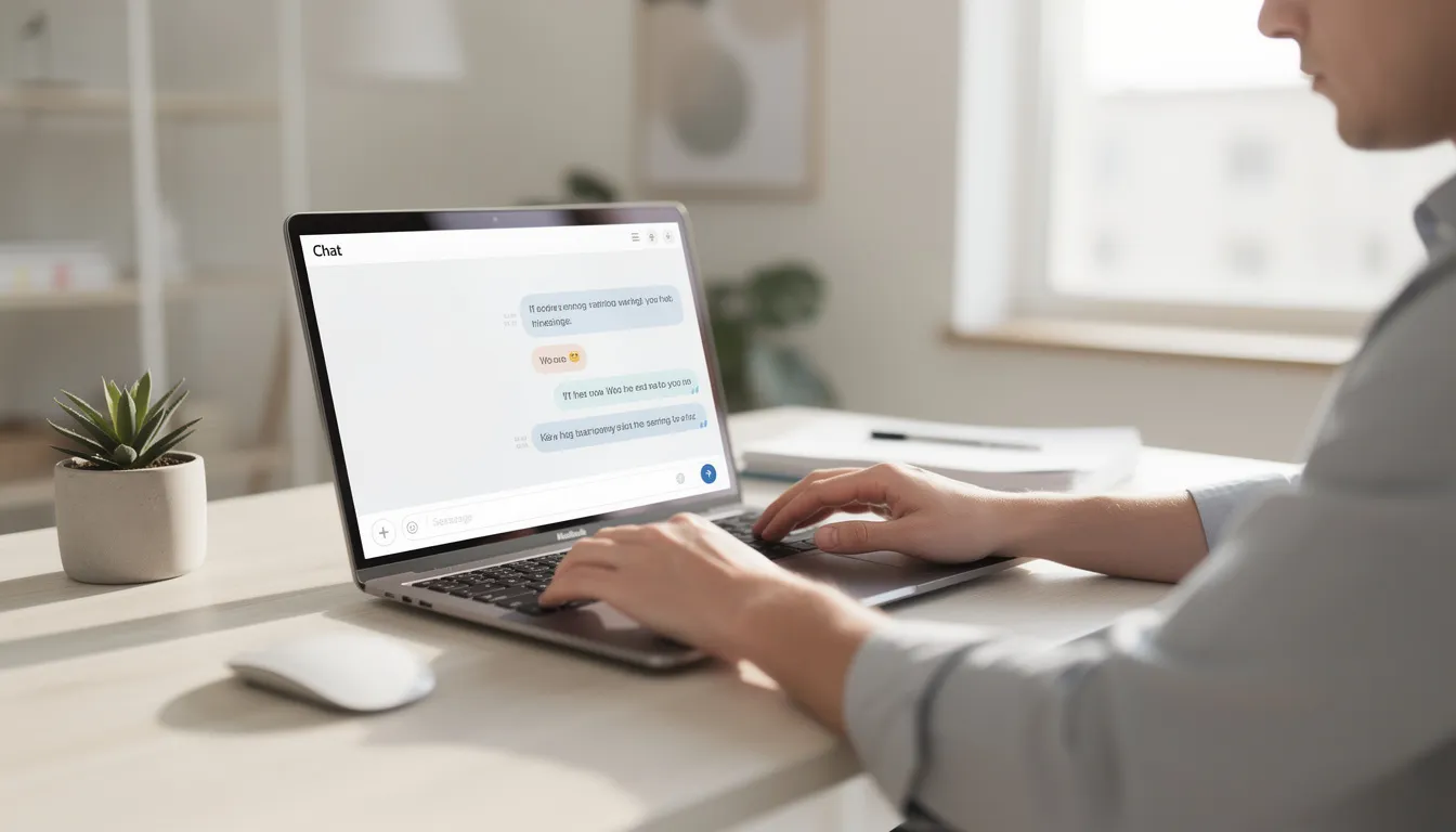 A person is seated at a modern, minimalist desk, working on a laptop that displays a chat interface, illuminated by natural light. The workspace is organized and conducive to productivity, ideal for utilizing generative AI tools and data analysis.